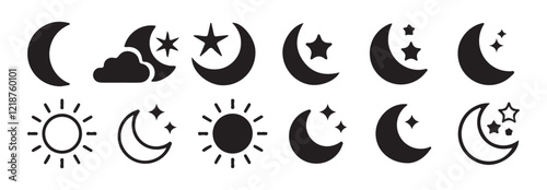 set of moon and star icon. Night icon of the moon with stars and sun icon, vector on white background. vector eps 10