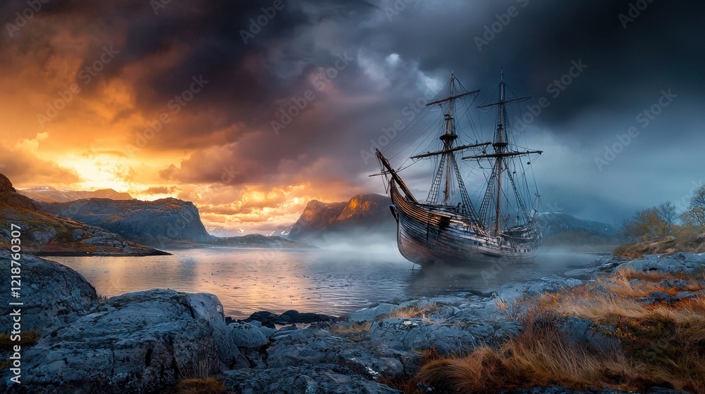 Obraz premium An eerie, weathered abandoned ship stranded on a rocky shore, with dramatic clouds and a moody atmosphere