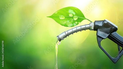 Close-up of a bio-diesel pump nozzle, with a green leaf symbol and a bright eco-friendly background