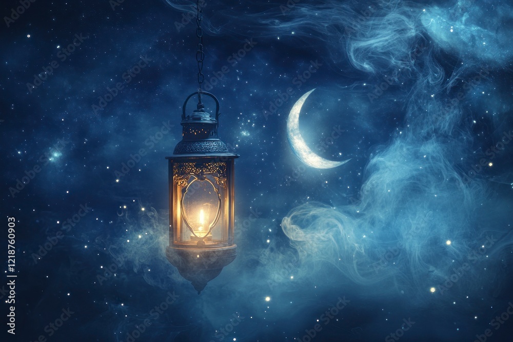 A lantern glowing softly in the night sky, surrounded by swirling smoke and stars, with a crescent moon hanging above it. The background is dark blue with small white dots representing starlight. A lantern glowing softly in the night sky, surrounded by swirling smoke and stars, with a crescent moon hanging above it. The background is dark blue with small white dots representing starlight.