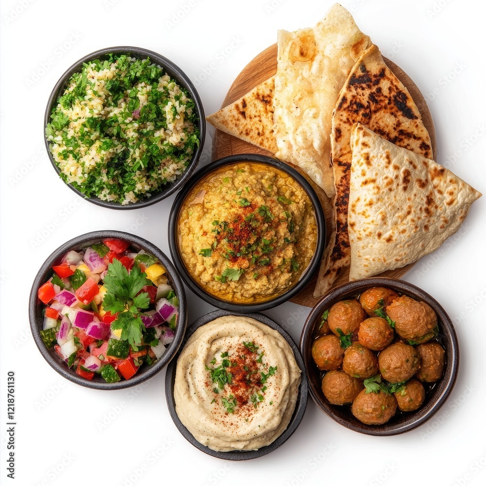 Middle Eastern mezze platter, various dips, flatbread, overhead shot, food photography, restaurant menu Middle Eastern mezze platter, various dips, flatbread, overhead shot, food photography, restaurant menu
