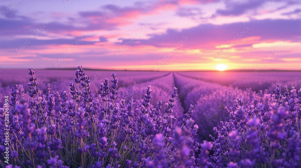 Naklejka premium lavender field dusk romantic serene background for nature-inspired love designs