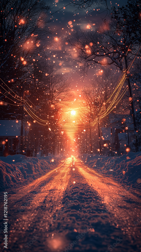 Fototapeta premium A serene winter evening scene, showcasing a snow-covered road illuminated by a spectacular sunset. The atmosphere is filled with falling snowflakes, adding a magical touch to the tranquil environment.