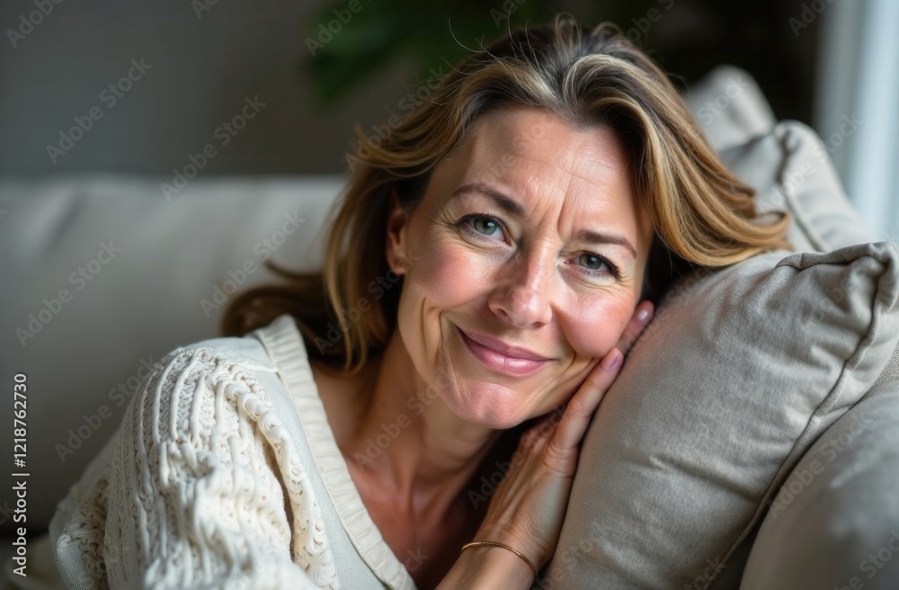 Happy relaxed mature old woman resting dreaming sitting on couch at home. Smiling mid aged woman relaxing. Peaceful serene grey-haired lady feeling peace of mind enjoying lounge on sofa and thinking. Happy relaxed mature old woman resting dreaming sitting on couch at home. Smiling mid aged woman relaxing. Peaceful serene grey-haired lady feeling peace of mind enjoying lounge on sofa and thinking.