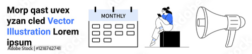 Woman sitting on cubic block reading a book, positioned beside a calendar marked Monthly and a megaphone. Ideal for time management, communication, planning, productivity, announcements, scheduling