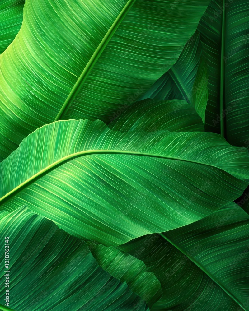 Vibrant macro view of deep green banana leaf ridges tropical patterns nature lush environment Vibrant macro view of deep green banana leaf ridges tropical patterns nature lush environment