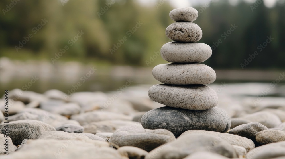 Balanced grey stones stack near calm water. Balanced grey stones stack near calm water.