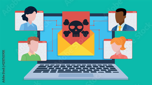 Open yellow envelope with letter with red card and skull image on laptop screen connected to employee messenger windows. Email spam with virus. Vector illustration in flat style.