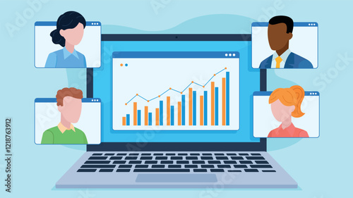 laptop with data chart window on screen. Next to it are employee chat windows. Online meeting of employees and discussion of data. Vector illustration in flat style.