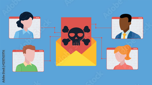 Open yellow envelope of a letter with a red card and an image of a skull connected to the windows of the employee's messenger. Spam email with a virus. Vector illustration in flat style.