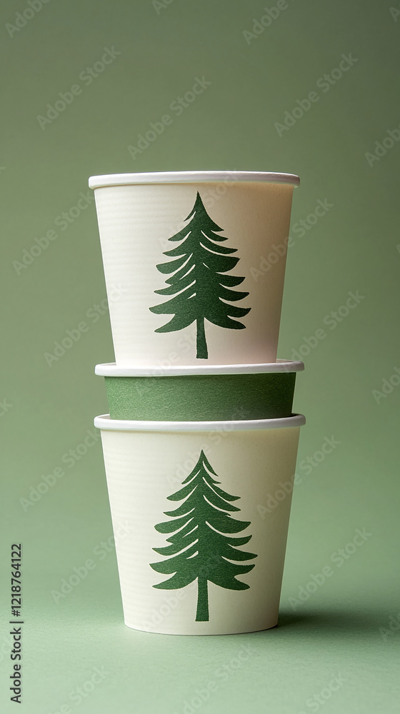 Stack of eco-friendly paper cups with tree markings Stack of eco-friendly paper cups with tree markings