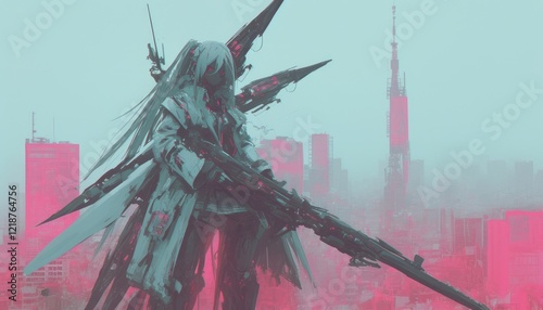 Anime Girl Soldier Poses with Futuristic Weapon in Cityscape