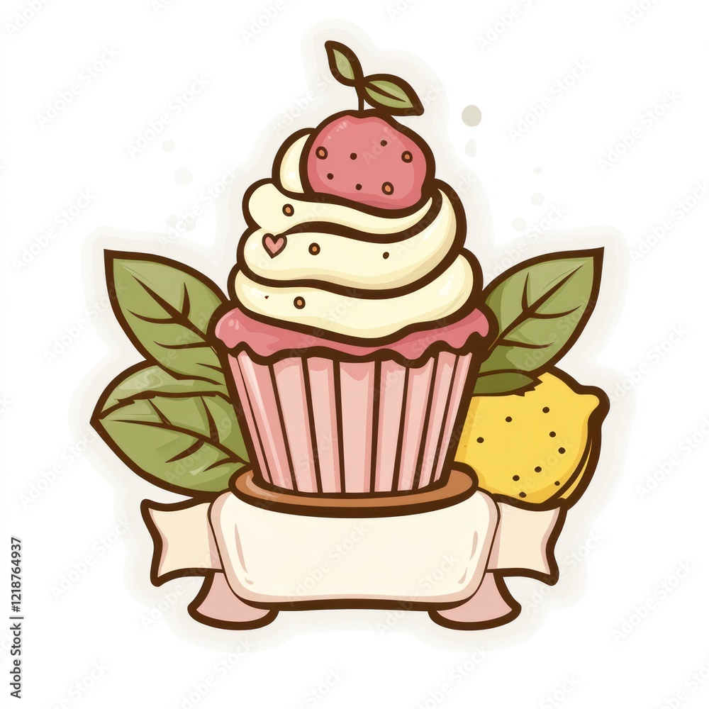 Cute cupcake with strawberry and lemon, for stickers, ads, cards, and decoration Cute cupcake with strawberry and lemon, for stickers, ads, cards, and decoration
