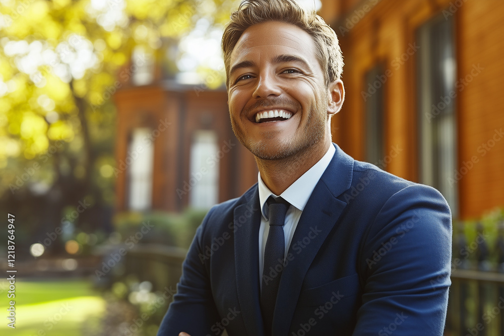 Smiling Man in a Suit Stands Outside a Historic Building on a Sunny Day Smiling Man in a Suit Stands Outside a Historic Building on a Sunny Day