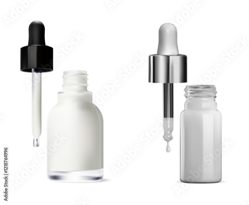 Cosmetic serum pipette dropper bottle set, vector mockup. Eye collagen flask with eyedropper, realistic template blank. Aroma essence treatment glass bottle mock up, health product