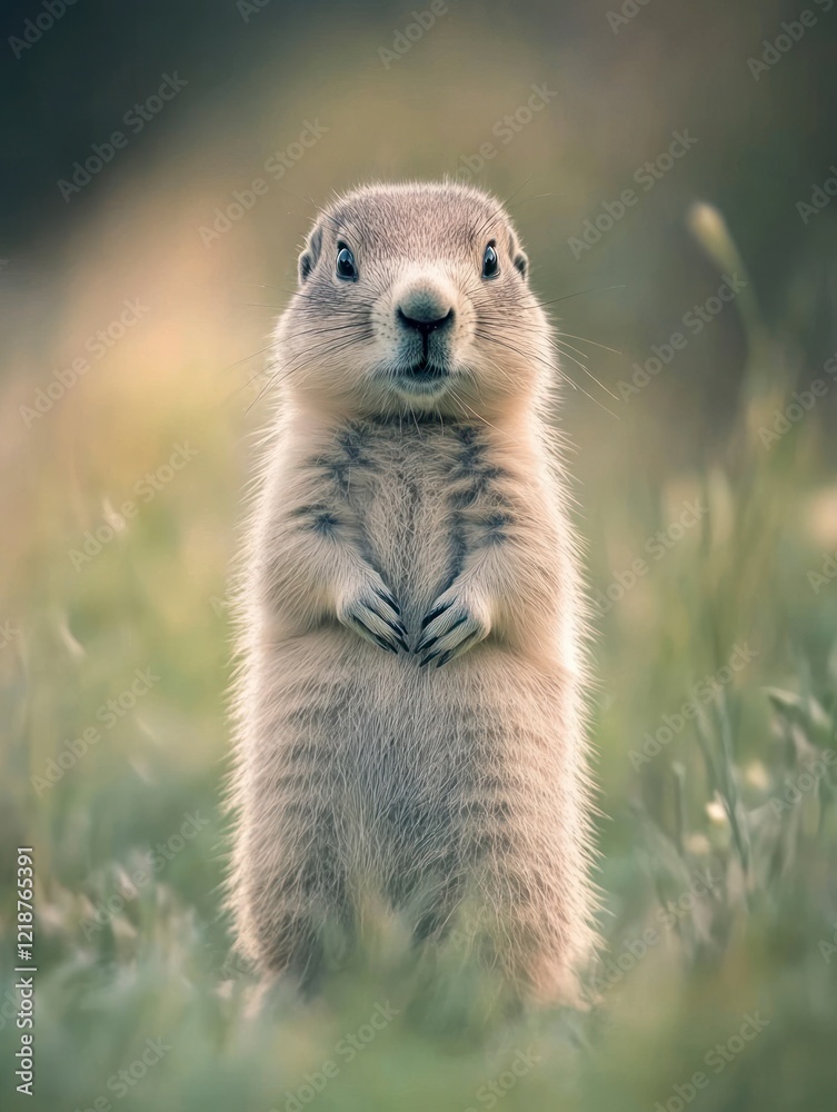 Fototapeta premium A photo of an adorable groundhog standing upright, with its head tilted and looking at the camera. The background is blurred grass to emphasize it as the focal point.