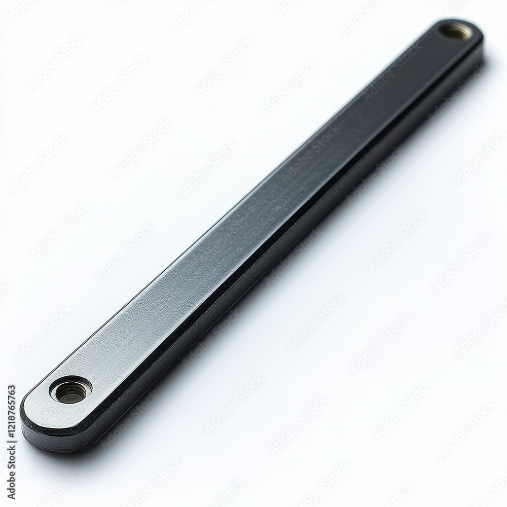 Metallic lever arm with threaded ends on plain background