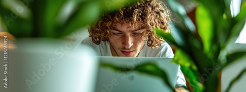 Young man with curly hair focused on laptop surrounded by indoor plants in modern workspace setting