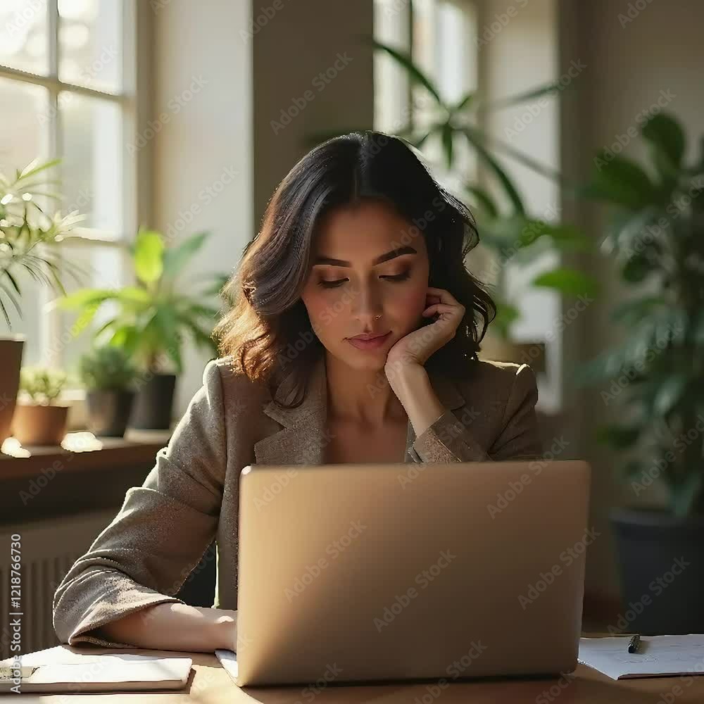 Una mujer hispana enfocada en su trabajo, utilizando su computadora portátil en una oficina contemporánea, iluminada por luz natural y decorada con plantas que crean un ambiente fresco y acogedor. Una mujer hispana enfocada en su trabajo, utilizando su computadora portátil en una oficina contemporánea, iluminada por luz natural y decorada con plantas que crean un ambiente fresco y acogedor.