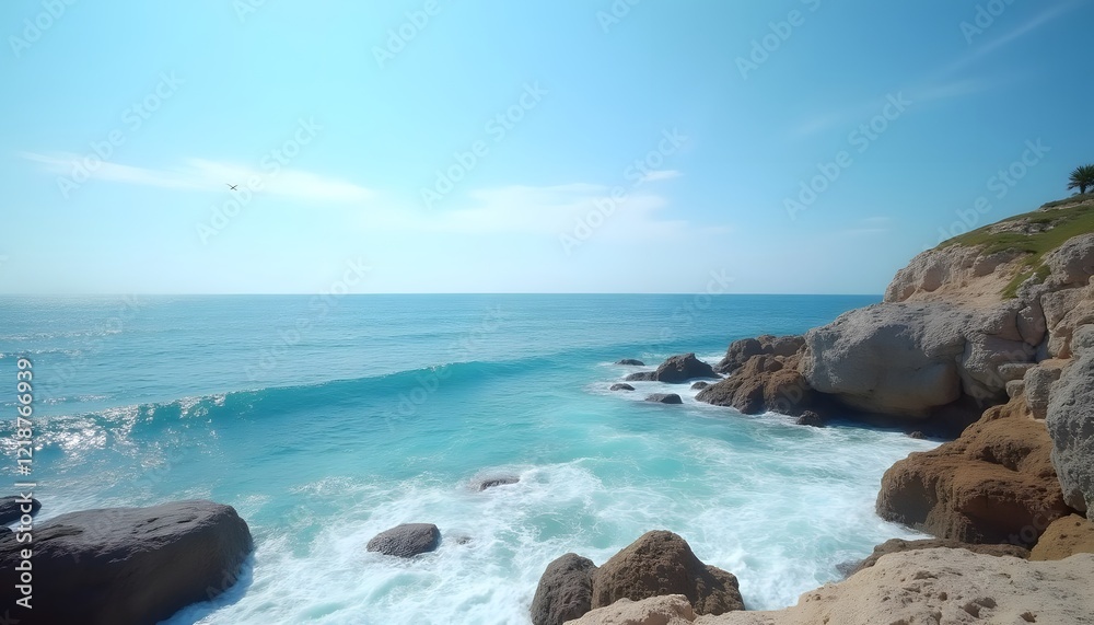 Tranquil Seascape with Turquoise Waters and Rocky Shoreline on Sunny Day Tranquil Seascape with Turquoise Waters and Rocky Shoreline on Sunny Day
