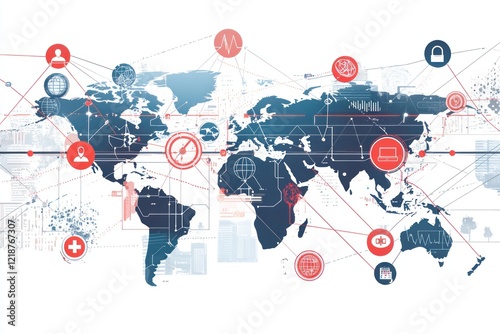 Global Health Network: A graph shows the growth of global healthcare networks with medical icons on a virtual screen, emphasizing the reach of telemedicine and digital health.