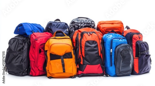 A vibrant collection of various backpacks arranged in a row showcasing diverse colors and styles