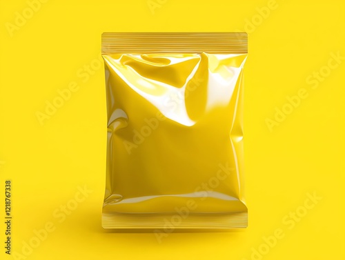 Glossy Yellow Stick Sachet Mockup  A sleek, glossy sachet mockup in a vibrant yellow color, perfect for showcasing product packaging for snacks or other small goods.