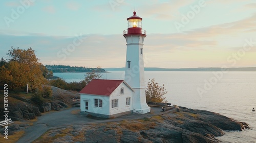Historic lighthouse standing tall on a rugged coastline - generated AI