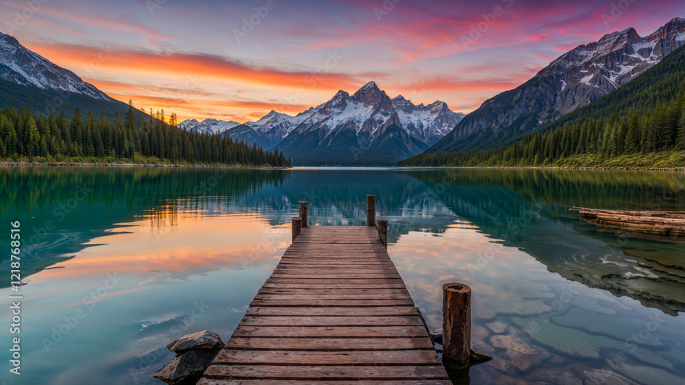 Tranquil Mountain Lake with Wooden Dock Tranquil Mountain Lake with Wooden Dock
