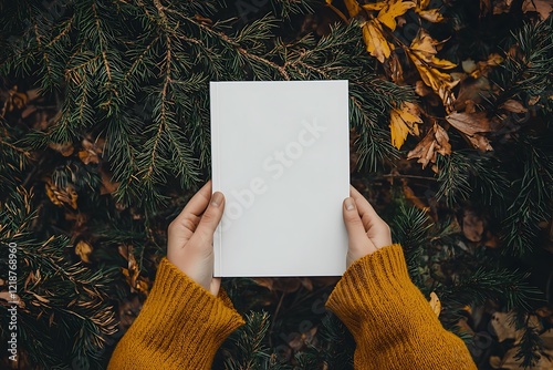 Hand holding a blank white book mockup with a customizable cover template.