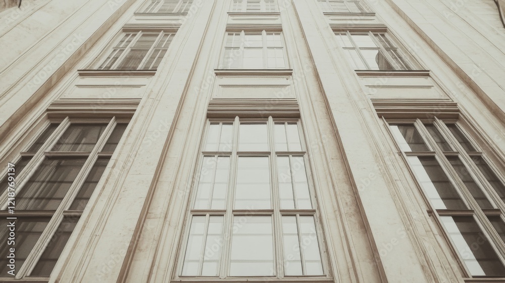Fototapeta premium Low-angle view of a tall building's facade with numerous windows.