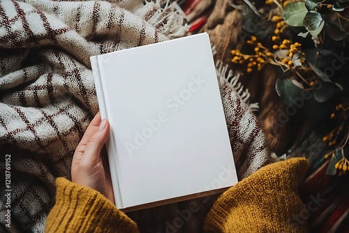 Hand holding a blank white book mockup with a customizable cover template.