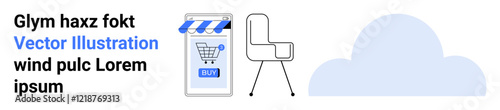 Mobile storefront with shopping cart, mid-century chair, and cloud icon in pastel blue. Ideal for e-commerce, furniture, apps, web design, marketing, online retail, and cloud services. Landing page