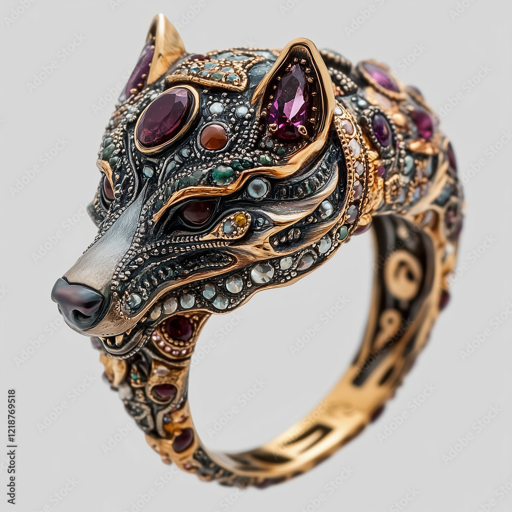 Obraz premium A detailed gold ring shaped like a wolf's head, showcasing intricate design and craftsmanship.