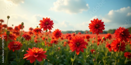 A field of Scarlet Dahlia flowers swaying gently in the breeze, wildflowerfield, landscape, landscapephotography photo