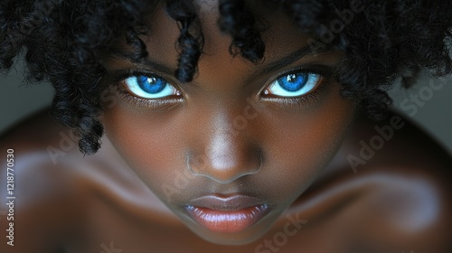 A close-up features a child with deep blue eyes gazing directly at the viewer. The soft curls frame her face, showcasing her natural beauty