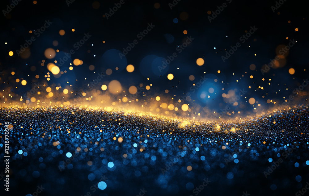 Obraz premium Dark background, bokeh lights on the ground, a dark blue and gold color theme, blurry, particles flying in the air.