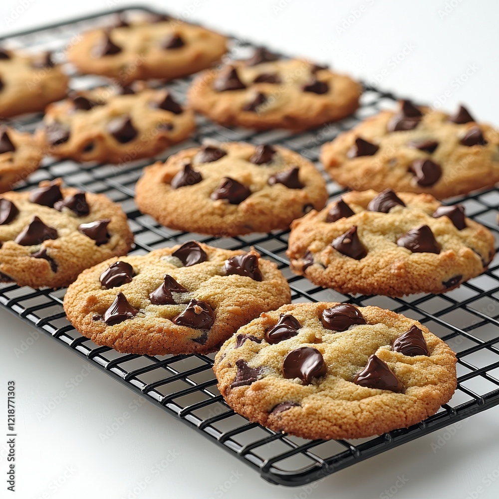 Freshly baked chocolate chip cookies cooling on wire rack Freshly baked chocolate chip cookies cooling on wire rack