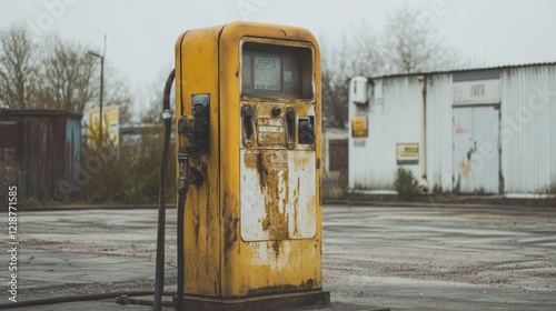 Old, weathered yellow gas pump in abandoned gas station.