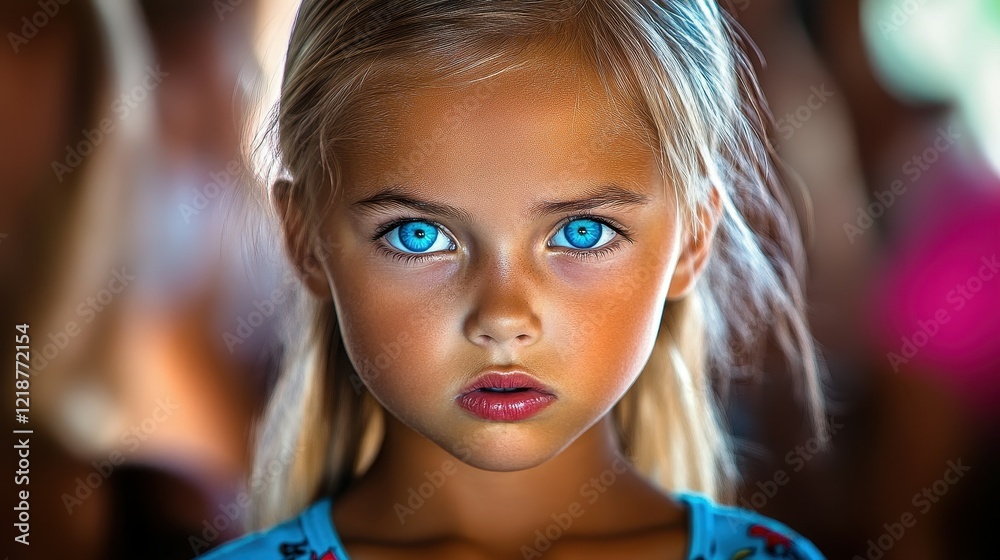 A young girl with long blonde hair and vivid blue eyes stares directly at the viewer. The background features soft, out-of-focus elements likely from a lively summer gathering A young girl with long blonde hair and vivid blue eyes stares directly at the viewer. The background features soft, out-of-focus elements likely from a lively summer gathering