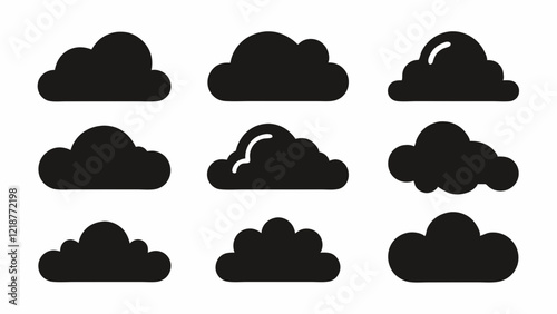 Set of Black Cloud Icon Designs , Cloud silhouette vector illustration 