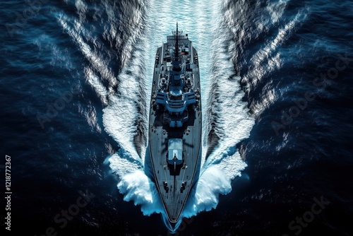 Modern warship sailing fast leaving big waves on deep blue sea photo