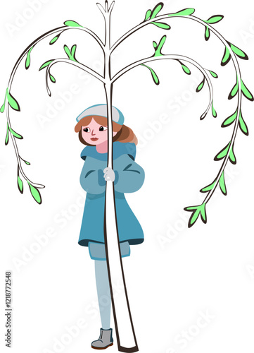 girl in blue coat behind tree