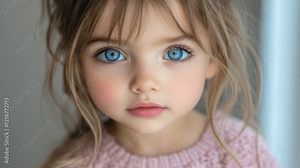 A young girl with captivating blue eyes gazes directly into the camera. Her soft, subtle expression and the cozy, knitted sweater enhance the intimate atmosphere of the moment A young girl with captivating blue eyes gazes directly into the camera. Her soft, subtle expression and the cozy, knitted sweater enhance the intimate atmosphere of the moment