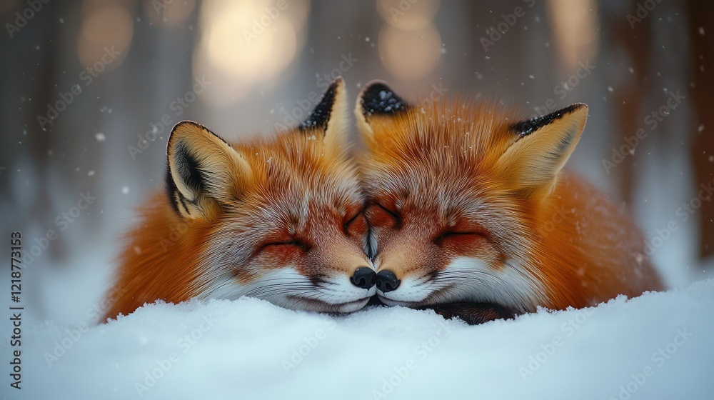 Fototapeta premium Sleeping foxes snow forest winter cuddling romance