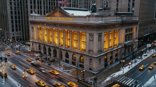 Illuminated City Building Amidst Winter Traffic