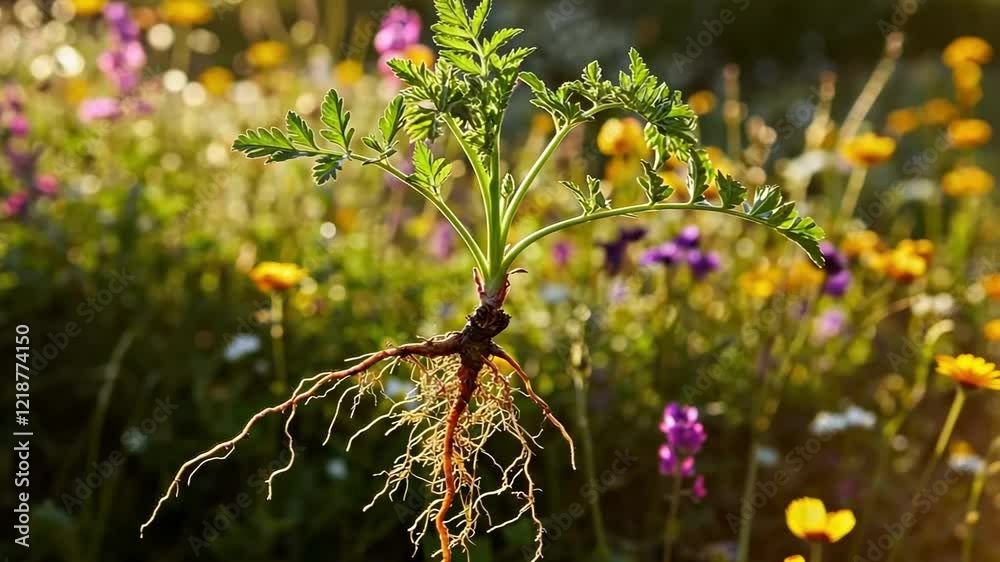 Dynamic growth and movement of a seedling in a vibrant flower meadow Dynamic growth and movement of a seedling in a vibrant flower meadow
