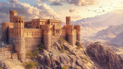 Majestic Mountaintop Castle Under a Cloudy Sunset Sky
