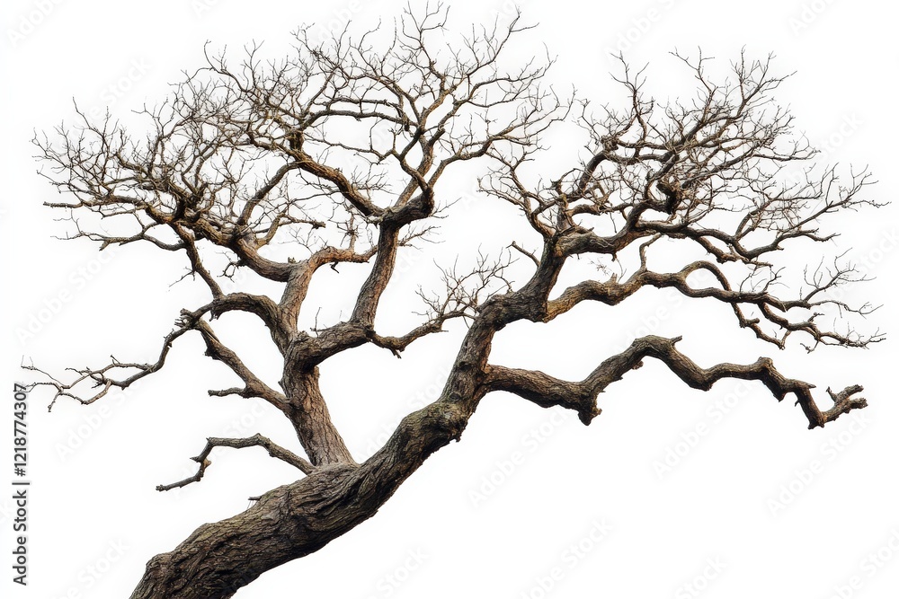 Fototapeta premium Bare branches of an ancient tree create a striking silhouette against a bright white background in a desolate landscape