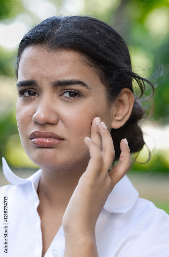 Unhappy, sad, negative feeling South Asian woman having problem with face skin care, acne, dry skin, uv exposure, pollution exposure allergy Unhappy, sad, negative feeling South Asian woman having problem with face skin care, acne, dry skin, uv exposure, pollution exposure allergy